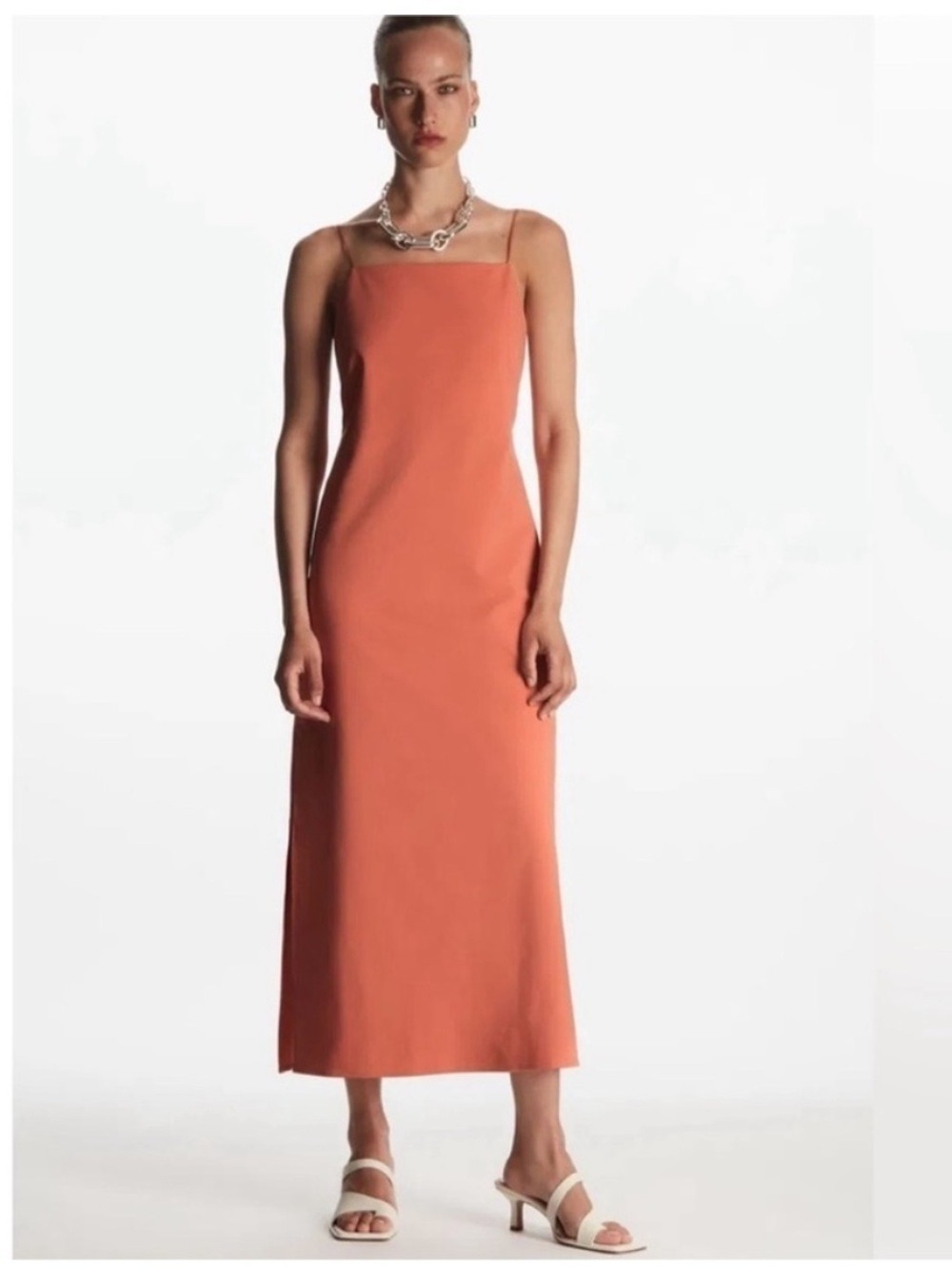 COS Open Back Midi Dress Orange Strappy Relaxed Fit Sleeveless Size Medium - Picture 4 of 16